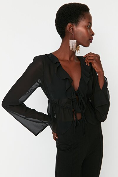 Trendyol Collection Μπλούζα σιφόν μαύρη δεμένη χωρίς φόδρα TPRAW23BZ00070