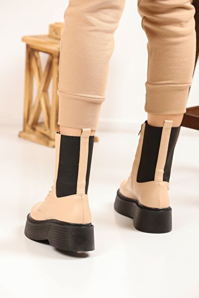 Ayax Bej Yüksek Taban Lastikli Fermuarlı Kadın Bot