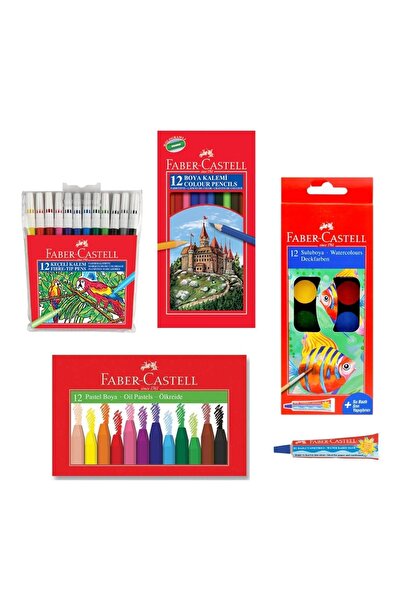 Faber Castell 4 Lü Boyama Seti 12 Li Kuru + Keçeli + Pastel + Sulu Boya + Sıv...