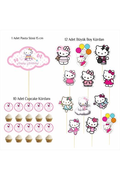 SİYAH PARTİ EVİ Hello Kitty Doğum Günü Pasta Süsü Kürdan Seti