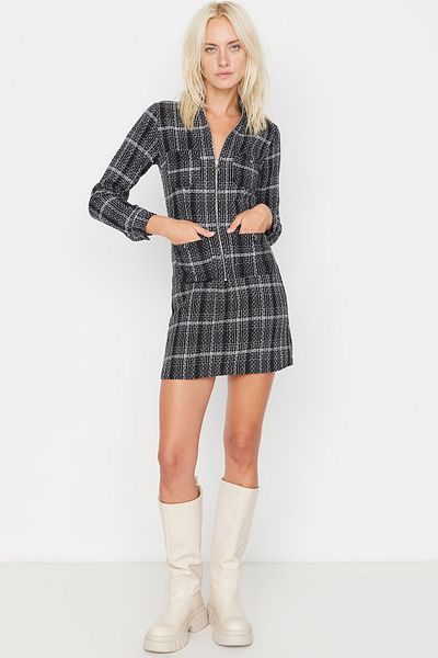 Trendyol Collection Schwarzes Kleid aus gewebtem Tweed mit Reißverschluss und Detaillierten Details TWOAW23EL00478
