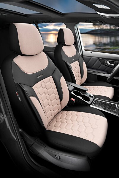 Otom Oto Koltuk Kılıfı Tam Set 3D Dokulu Kumaş Bej - Carbon