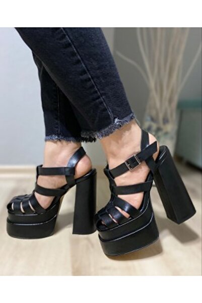 Num40S Örme Çift Platform Siyah Deri Özel Ve Büyük Numara Topuklu Sandalet