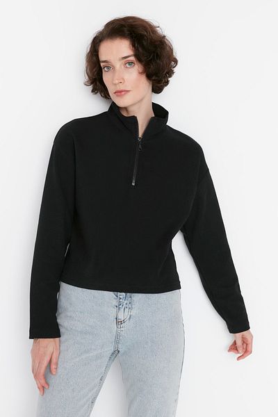 Trendyol Collection Schwarzes Strick-Sweatshirt mit Reißverschlusskragen im Thessaloniki-/Stricklook, reguläre Passform, TWOAW22SW0732