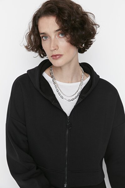 Trendyol Collection Μαύρο Πλεκτό Φούτερ με φερμουάρ Basic Crop Thick Fleece εσωτερικά TWOAW20SW0660