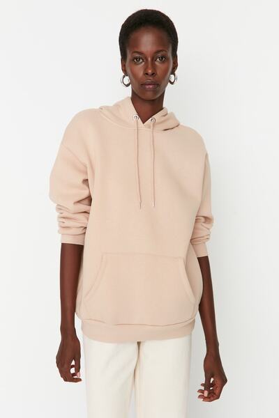 Trendyol Collection Бежов дебел полар от вътрешната страна на кенгуру джоб с качулка Boyfriend/широк плетен суичър TWOAW20SW0525