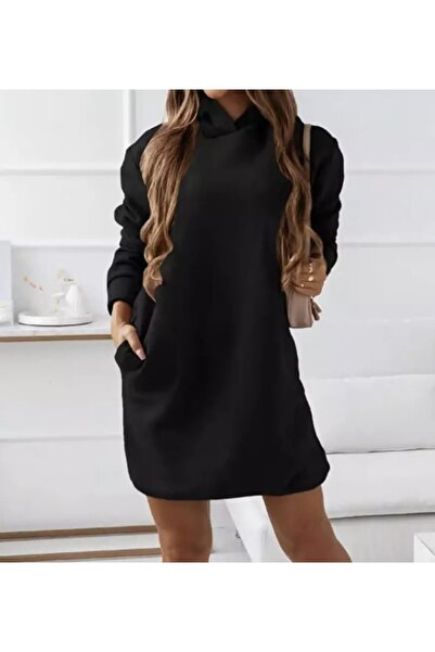 LADY FACE Kapüşonlu Çift Cep %100 Pamuk Tam Kışlık Oversize Spor Kadın Hoodie Elbise