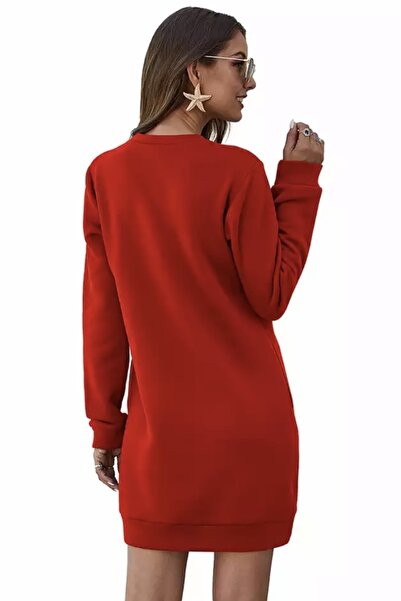 LADY FACE Γυναικείο φόρεμα με διπλή τσέπη με λαιμόκοψη, βαμβακερό πλήρες χειμερινό χαλαρό αθλητικό φόρεμα