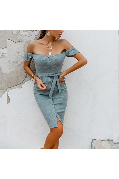 FASHION COCKTAIL Rochie din țesătură naturală cu umăr fără umăr, cu nasturi în față