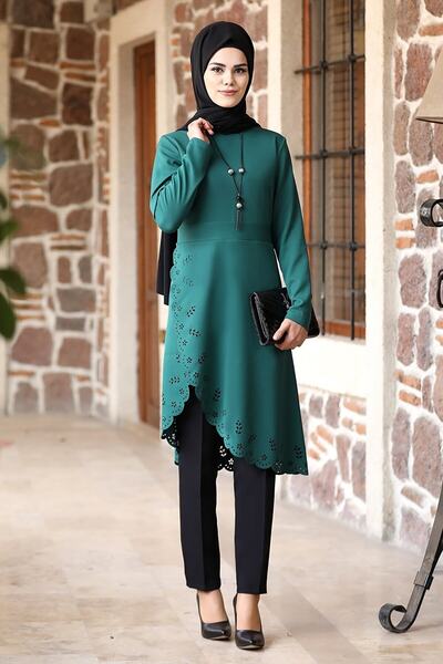 MimelisaGiyim طقم تونيك حجاب مزدوج بتفاصيل ليزر