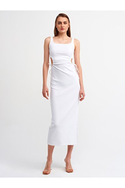 Dilvin 9094 Дълга рокля с детайли на прозореца-бяла