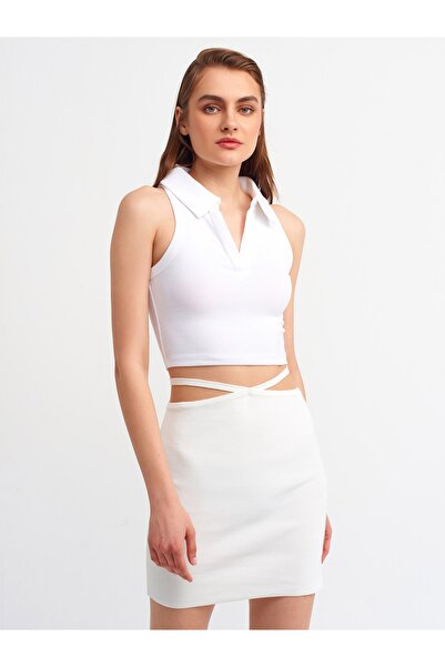 Dilvin Crop alb cu gât polo pentru femei 3699