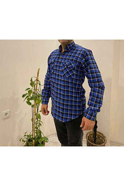 BENESSE Φαρδύ κομμένο μπλε καρό μακρυμάνικο πουκάμισο