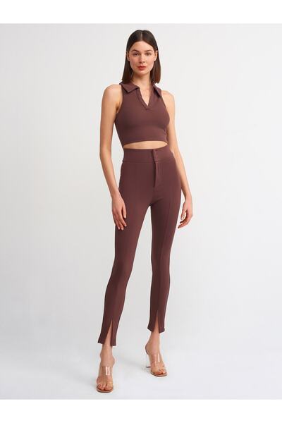 Dilvin 3699 Top crop cu gât polo-maro închis