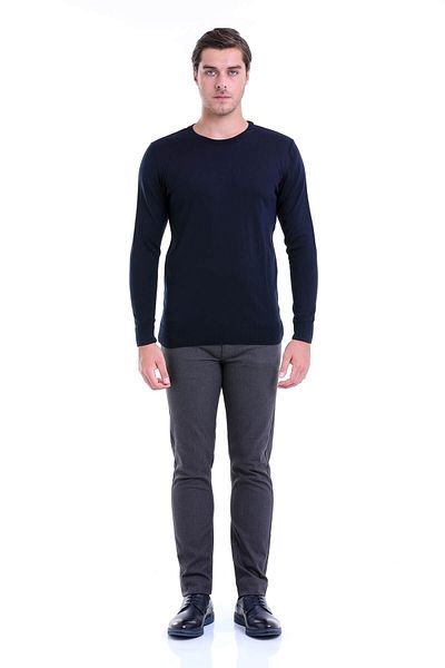 Hatemoğlu Navy Blue Comfort Fit Plain Crew Neck Woolen Sweater