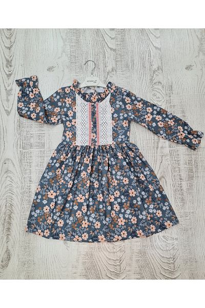Esterella Rochie pentru fetiță cu mânecă lungă / Chenille Guipure Detaliu / Rochie subțire din velur