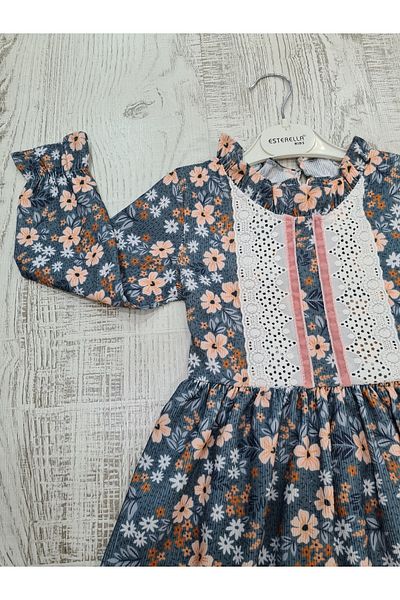 Esterella Rochie pentru fetiță cu mânecă lungă / Chenille Guipure Detaliu / Rochie subțire din velur