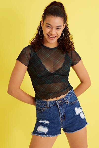 Bukamiss Γυναικεία μπλούζα με μαύρο-πράσινο καρό τούλι διάφανη