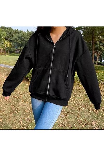 Gofeel Black Oversize Unisex Seasonal Zippered Hooded Cardigan Cardigan