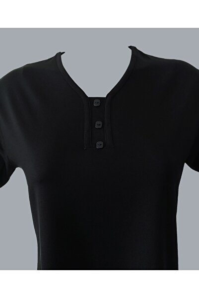 Rüya Triko Rüya Black Mother V-Neck Combed Cotton Blouse