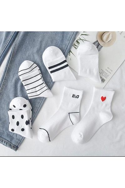 çorapmanya 6 Pairs Half Socks Striped-Unlined / White Unisex College Tennis Socks