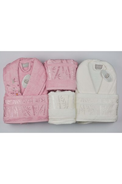 Nev Tekstil Gonca Bamboo Bornoz Seti Pembe Krem