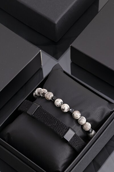 Sortie Aksesuar Men's Combination Bracelet Set - Black Genuine Leather and He...