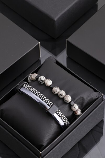 Sortie Aksesuar Metal Detailed Genuine Leather and Hematite Natural Stone Men...