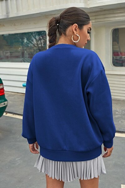 MODAGEN Uniszex legénységi nyakú Dreams nyomott Royal Blue Oversize pulóver