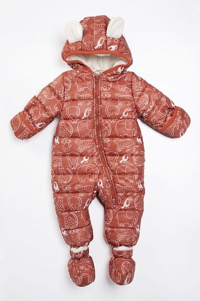 PODİUM GİYİM Cute Dinosaur Patterned Winter Hooded Cosmonaut Jumpsuit with Removable Feet and Hidden Gloves