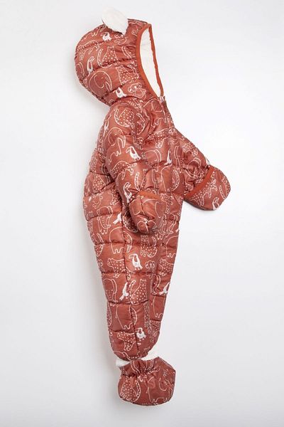PODİUM GİYİM Cute Dinosaur Patterned Winter Hooded Cosmonaut Jumpsuit with Removable Feet and Hidden Gloves