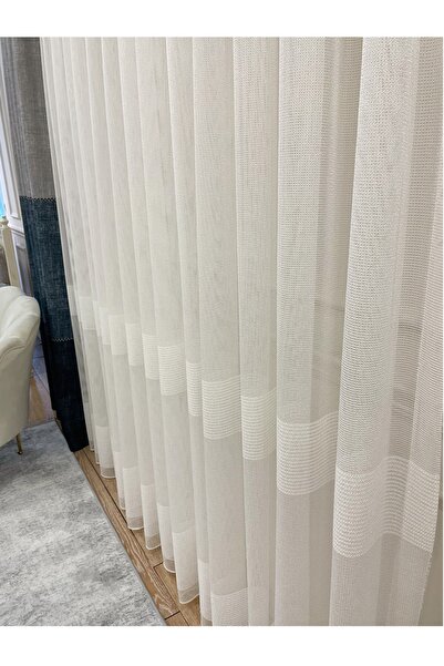 Brillant Modern 2 Sıra Bantlı Zırh Görünümlü 1/2,5 Pile - Ekru - Krem Tül Perde