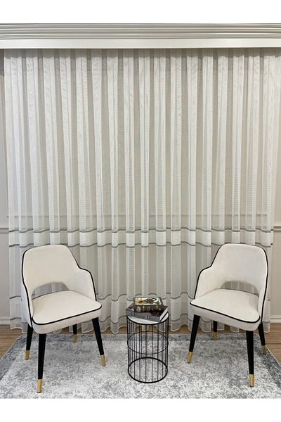 Brillant Modern 2 Row Banded Armor Look 1/2,5 Pleat - Ecru - Cream Tulle Curtain