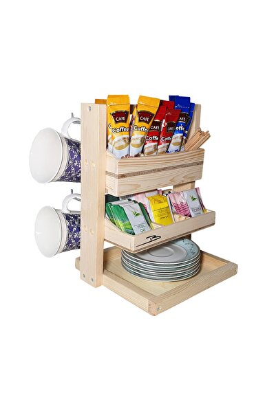 Barış Dizayn Doğal Ahşap Poşet Çay Nescafe 3ü1 Arada Standlı Iki Katlı Masa Askısı Fincanlık Kupa Askısı