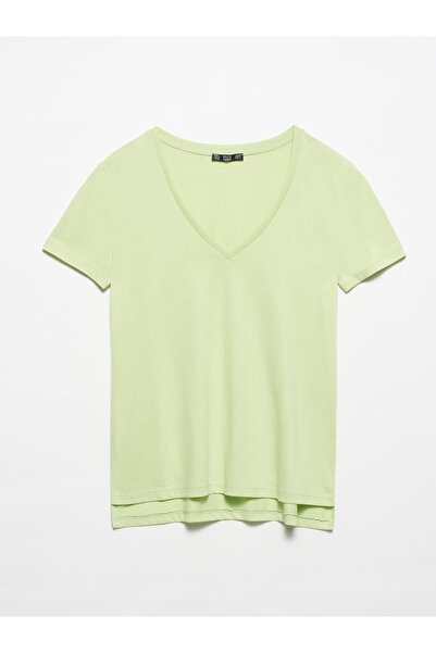 Dilvin Women's Water Green V-Neck Basic T-shirt 3470