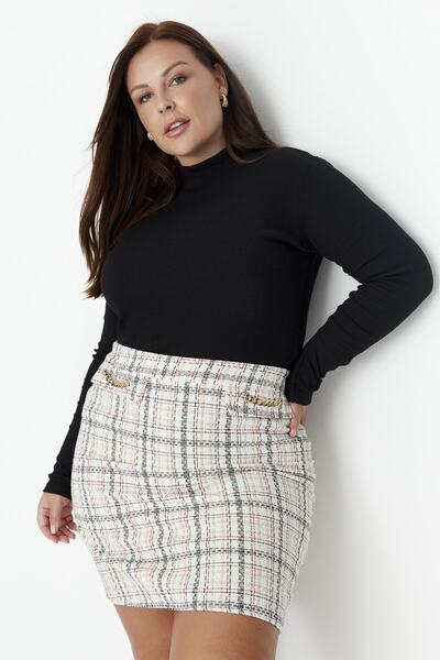 Trendyol Curve Többszínű kockás lánc részletes tweed szőtt szoknya TBBAW23AZ00027