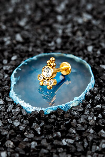 Valhalla Cerrahi Çelik Kıkırdak Tragus Zirkon Taş Piercing Gold