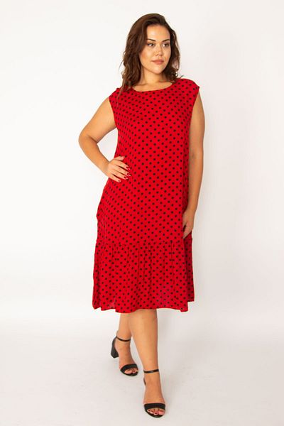 Şans Damen-Kleid in Übergröße, Rot, aus gewebtem Viskosestoff, Punktmuster, Rock, Lagenkleid 65n34008