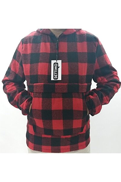 Settimo Kırmızı Kanguru Cepli Ve Kapüşonlu Kareli Oduncu Gömlek