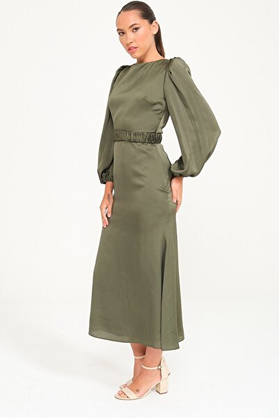 SpringStore Haki Uzun Balon Kol Midi Boy Abiye