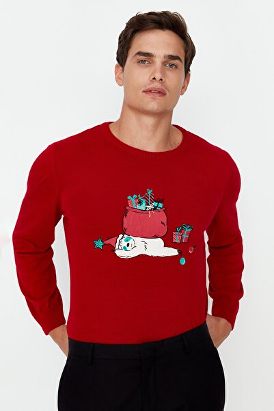 Trendyol Collection Christmas Red Slim Fit Sweater - Crew Neck TMNAW23KZ00213