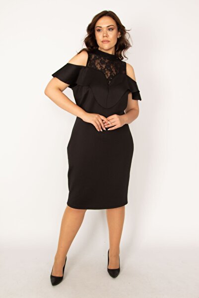 Şans Plus Size Evening Dress - Black - Off-shoulder