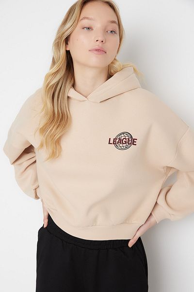 Trendyol Collection Béžová Zadní potisk Detailní mikina s kapucí, tlustá vnitřní fleecová pletená mikina TWOAW22SW0711