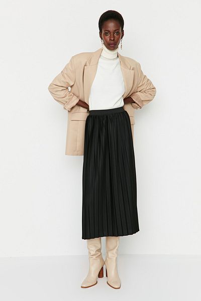 Trendyol Modest Fekete redőzött magas derekú szőtt szoknya TCTAW23EE00030