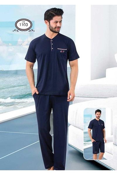 BIES Ανδρικό Navy Blue Cotton (κοντό μανίκι-σορτς) Σετ Πιτζάμες 3 τεμαχίων-Σετ προίκας