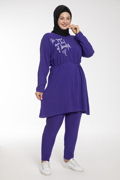 VISHENKA Kadın Baskılı Mor Renk Dokuma Viskon Büyük Beden Tesettür Takım