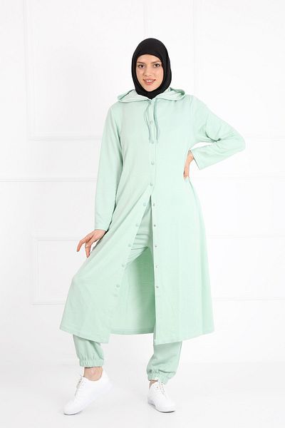 VISHENKA Women's Two Thread Water Green Color Hooded Pocket Snap Closure Plus Size Hijab Suit
