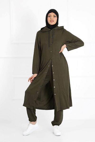 VISHENKA Women's Two Thread Khaki Color Hooded Pocket Snap Closure Plus Size Hijab Suit