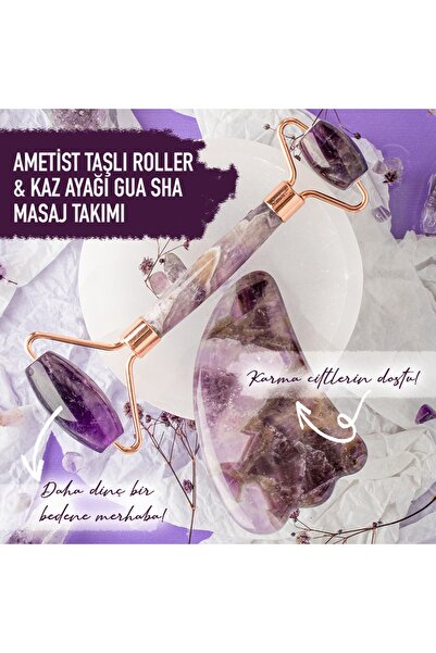 OSMANLI DOĞAL TAŞ Sertifikalı Ametist Doğal Taş Roller Ve Kaz Ayağı Gua Sha M...