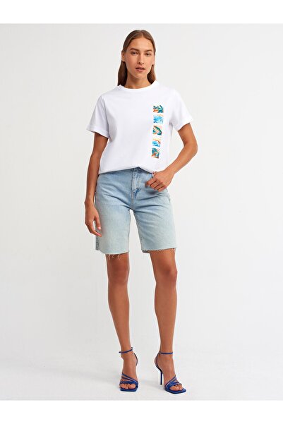 Dilvin 30144 Τυπωμένο Basic T-shirt-λευκό